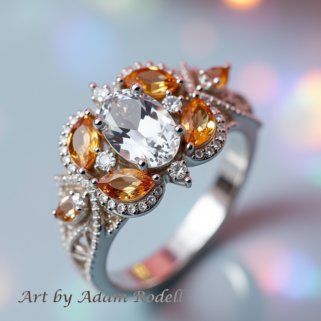 White Gold Fashion Ring with Gemstones-